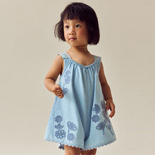 Load image into Gallery viewer, Denim 100% Cotton Flower Embroidered Playsuit (3mths-6yrs)
