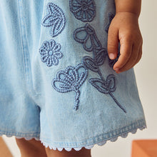 Load image into Gallery viewer, Denim 100% Cotton Flower Embroidered Playsuit (3mths-6yrs)
