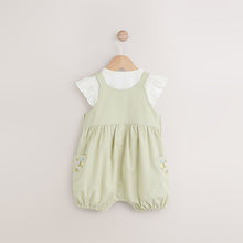Load image into Gallery viewer, Sage Green Embroidered Floral Short Sleeve 100% Cotton Bodysuit And Leg Baby Dungaree Set (0mths-18mth)
