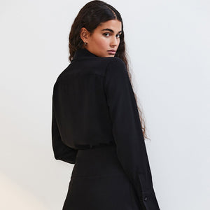 Black Crepe Long Sleeve Button Down Shirt