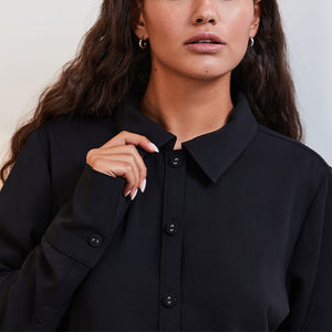 Black Crepe Long Sleeve Button Down Shirt