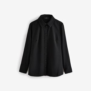 Black Crepe Long Sleeve Button Down Shirt