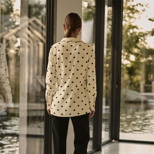 Ecru Spot Crepe Long Sleeve Button Down Shirt