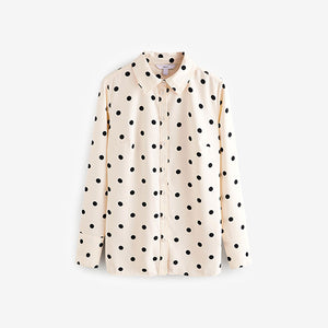 Ecru Spot Crepe Long Sleeve Button Down Shirt
