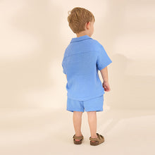 Load image into Gallery viewer, Bright Blue Plain Shirt &amp; Short Set 100% Cotton Short Sleeves Revere Collar Textured (6mths-5yrs)
