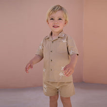 Load image into Gallery viewer, Tan Brown Texture Palm Revere Collar Short Sleeve Shirt And Shorts Set (3mths-5yrs)
