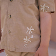Load image into Gallery viewer, Tan Brown Texture Palm Revere Collar Short Sleeve Shirt And Shorts Set (3mths-5yrs)
