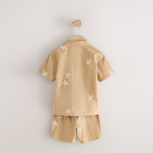Load image into Gallery viewer, Tan Brown Texture Palm Revere Collar Short Sleeve Shirt And Shorts Set (3mths-5yrs)
