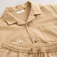 Load image into Gallery viewer, Tan Brown Texture Palm Revere Collar Short Sleeve Shirt And Shorts Set (3mths-5yrs)
