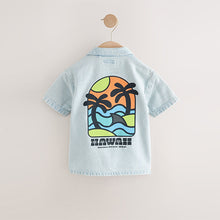 Load image into Gallery viewer, Blue Denim Short Sleeve Revere Collar Backprint Shirt (3mths-6yrs)
