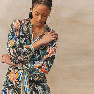 Green/Multicoloured Palm Print Boho Tie Waist Long Sleeve Mini Shirt Dress
