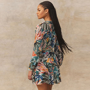 Green/Multicoloured Palm Print Boho Tie Waist Long Sleeve Mini Shirt Dress