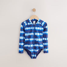 Load image into Gallery viewer, Blue/White Tie Dye Long Sleeved Sunsafe Swimsuit (3-12yrs)
