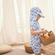 Load image into Gallery viewer, Blue Floral Frill Sleeve Sunsafe Swimsuit (6mths-6yrs)
