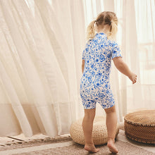 Load image into Gallery viewer, Blue Floral Frill Sleeve Sunsafe Swimsuit (6mths-6yrs)
