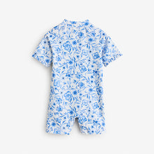 Load image into Gallery viewer, Blue Floral Frill Sleeve Sunsafe Swimsuit (6mths-6yrs)
