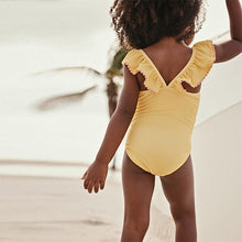 Load image into Gallery viewer, Ochre Yellow Giraffe Frill Shoulder Swimsuit (3mths-7yrs)
