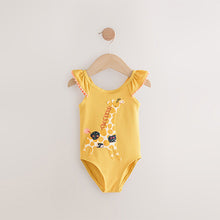 Load image into Gallery viewer, Ochre Yellow Giraffe Frill Shoulder Swimsuit (3mths-7yrs)
