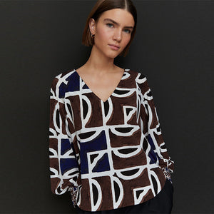 Brown/Navy Print Long Sleeve V-Neck Jersey Blouse