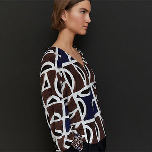 Brown/Navy Print Long Sleeve V-Neck Jersey Blouse