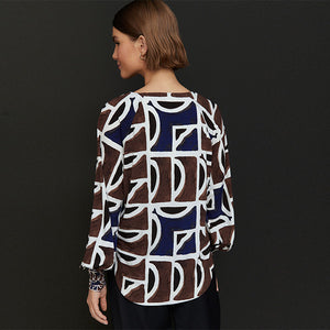 Brown/Navy Print Long Sleeve V-Neck Jersey Blouse