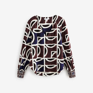 Brown/Navy Print Long Sleeve V-Neck Jersey Blouse