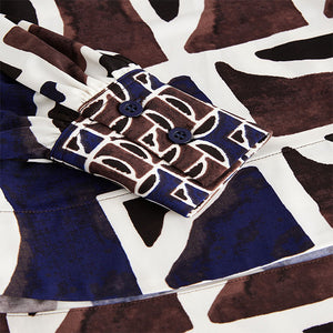 Brown/Navy Print Long Sleeve V-Neck Jersey Blouse
