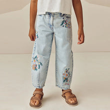 Load image into Gallery viewer, Light Blue Denim 100% Cotton Flower Embroidered Barrel Jeans (3-12yrs)
