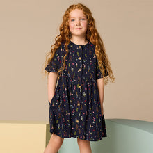 Load image into Gallery viewer, Navy Blue Floral Button Summer Dress (3-12yrs)
