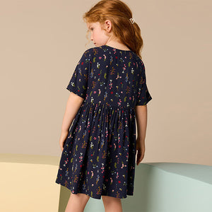 Navy Blue Floral Button Summer Dress (3-12yrs)