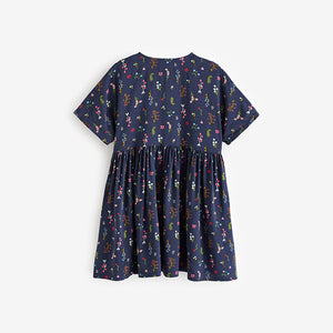 Navy Blue Floral Button Summer Dress (3-12yrs)