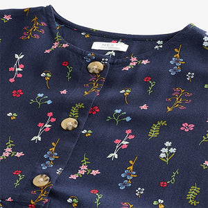 Navy Blue Floral Button Summer Dress (3-12yrs)