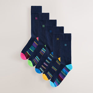 Navy Blue Stripe 5 Pack Cushioned Sole Comfort Socks