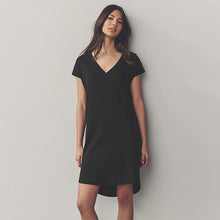 Load image into Gallery viewer, Black 100% Cotton Cap Sleeve V-Neck Mini Dress
