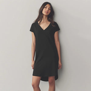 Black 100% Cotton Cap Sleeve V-Neck Mini Dress
