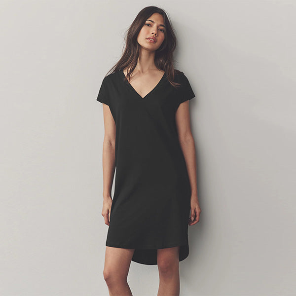 Black 100% Cotton Cap Sleeve V-Neck Mini Dress