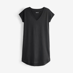 Black 100% Cotton Cap Sleeve V-Neck Mini Dress
