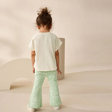 Load image into Gallery viewer, Ecru/Blue Girls Short Sleeve T-Shirt and Flare Leggings Set (3mths-6yrs)
