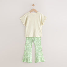 Load image into Gallery viewer, Ecru/Blue Girls Short Sleeve T-Shirt and Flare Leggings Set (3mths-6yrs)
