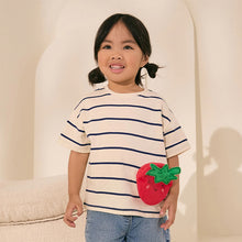 Load image into Gallery viewer, Cream/Navy Stripe Strawberry 100% Cotton Short Sleeve Bag T-Shirt (3mths-6yrs)
