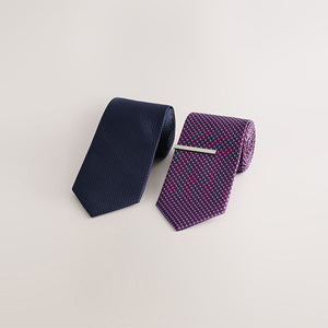 Navy/Red Textured Ties And Clip 2 Pack