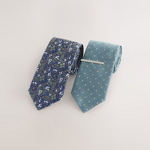 Blue Floral/Polka Dot Design Design Ties And Tie Clips 2 Pack
