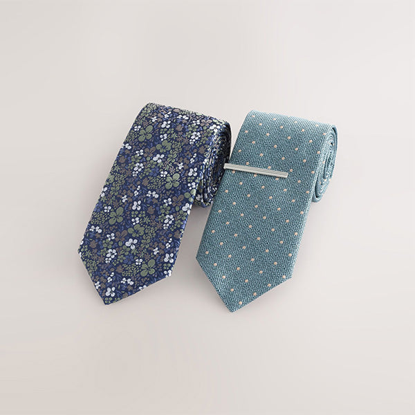 Blue Floral/Polka Dot Design Design Ties And Tie Clips 2 Pack