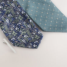 Load image into Gallery viewer, Blue Floral/Polka Dot Design Design Ties And Tie Clips 2 Pack
