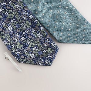 Blue Floral/Polka Dot Design Design Ties And Tie Clips 2 Pack