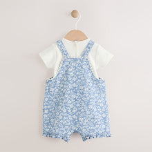 Load image into Gallery viewer, Denim Floral and Ecru Short Sleeve Baby Bodysuit and Dungarees Set (0mths-18mth)

