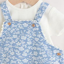 Load image into Gallery viewer, Denim Floral and Ecru Short Sleeve Baby Bodysuit and Dungarees Set (0mths-18mth)
