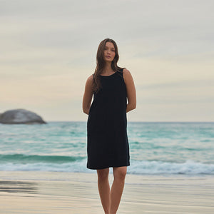 Black Scoop Back Mini Shift Dress With Linen
