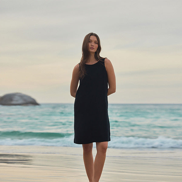 Black Scoop Back Mini Shift Dress With Linen