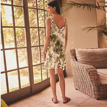 Load image into Gallery viewer, Cream and Green Palm Floral Kew Collection Scoop Back Mini Shift Dress With Linen
